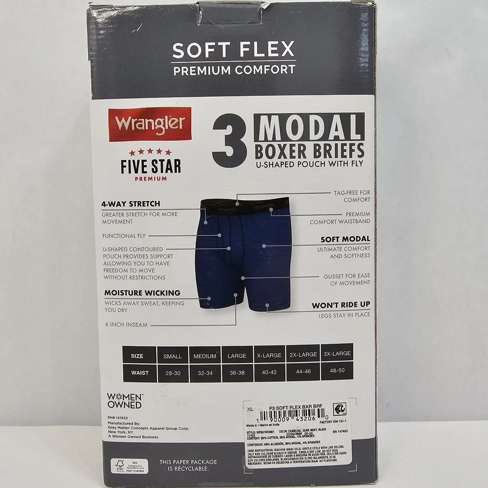 WRANGLER SOFT FLEX 3 MODAL BOXER BRIEFS,  XL, CHARCOAL, OLIVE NIGHT, BLACK, NEW